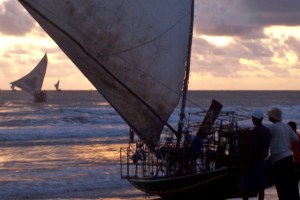 Jangada setting out lobster fishing with traps
