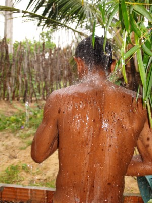 Neu taking a shower in the rain