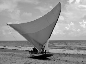 A Jangada has a large curved triangular sail.