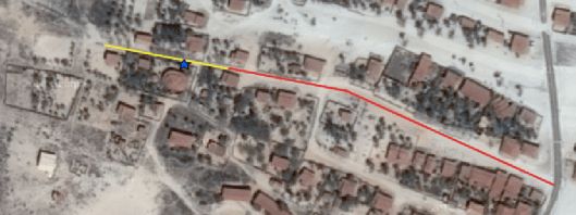 The red line shows where the road was laid and the yellow, where it was needed