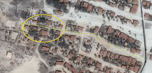 Our houses ringed in yellow, the green arrows mark where the road needed to be built