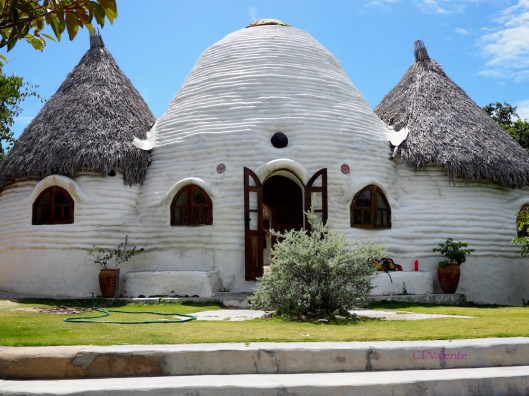 The main building made from sacks filled with sand and clay