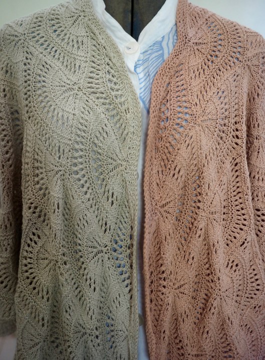 Hand knit shawls. Natural dyes. Black bean dye on the left, Advocado pit dye on the right. 