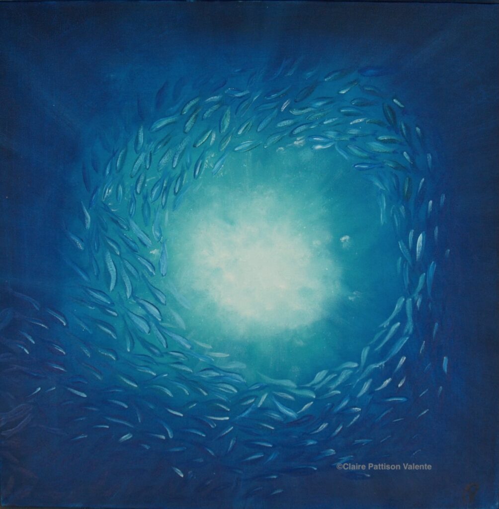 Oil on canvas, view from below of a shoal of fish with sunlight streaming through the water