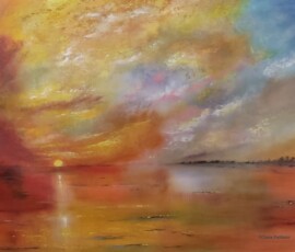 Pintura a óleo de pôr do sol sobre um lago, inspirada em JMW Turner.