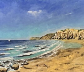 Oil painting seascape of sandstone cliffs and sail boating coming towards the beach