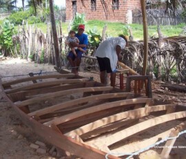 Building a jangada, the basic frame a small sail boat under construction, showing the basic frame and ribs