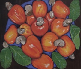 Oil painting of a bowl of ripe cashew fruits