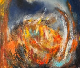 Pintura abstrata de fogo em óleo e técnica mista.