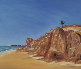 Oil painting scene of sea washing up to a high sandstone cliffs with palm tree at the top and hot tropical sky
