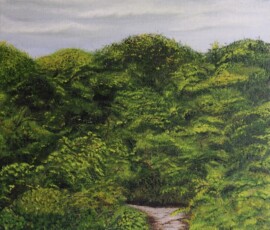 Pintura a óleo sobre tela representando um caminho arenoso que leva a uma floresta.