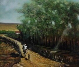 Oil painting of man on a horse riding towards a house on a dusty path with a dog trotting behind