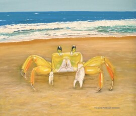 oil on canvas, painting of a crab on a beach