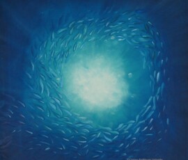 Óleo sobre tela, vista de baixo de um cardume de peixes com a luz do sol atravessando a água.