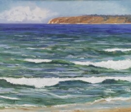 Óleo sobre tela, paisagem marinha com um promontório ao longe.