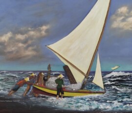 Óleo sobre tela, homens empurrando um barco à vela para as águas rasas do mar para uma pescaria.