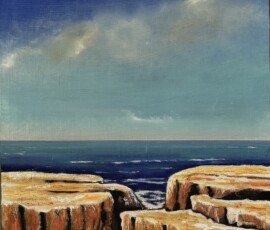 Oil on canvas, weathered rocks. Oil on canvas, in the foreground flat rocks with deep fissures and the sea and sky behind