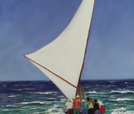 Óleo sobre tela, grupo de homens empurrando uma jangada da praia para o mar.