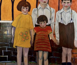 Oil on board, a group of siblings (circa 1930) standing together holding hands.