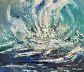 Oil and Mixed media on board, Spray oil and mixed media on board, abstracted image of a wave with spray of water