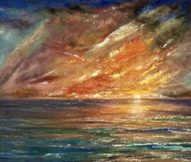 Oil on canvas, jewelled coloured sunrise over the sea
