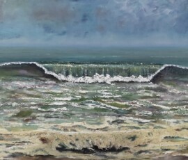 Oil on canvas, wave after heavy rain oil on canvas, low symetrical emerald coloured wave after heavy rain