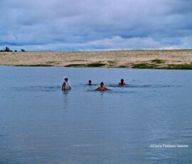meninos tomando banho em uma lagoa de água doce